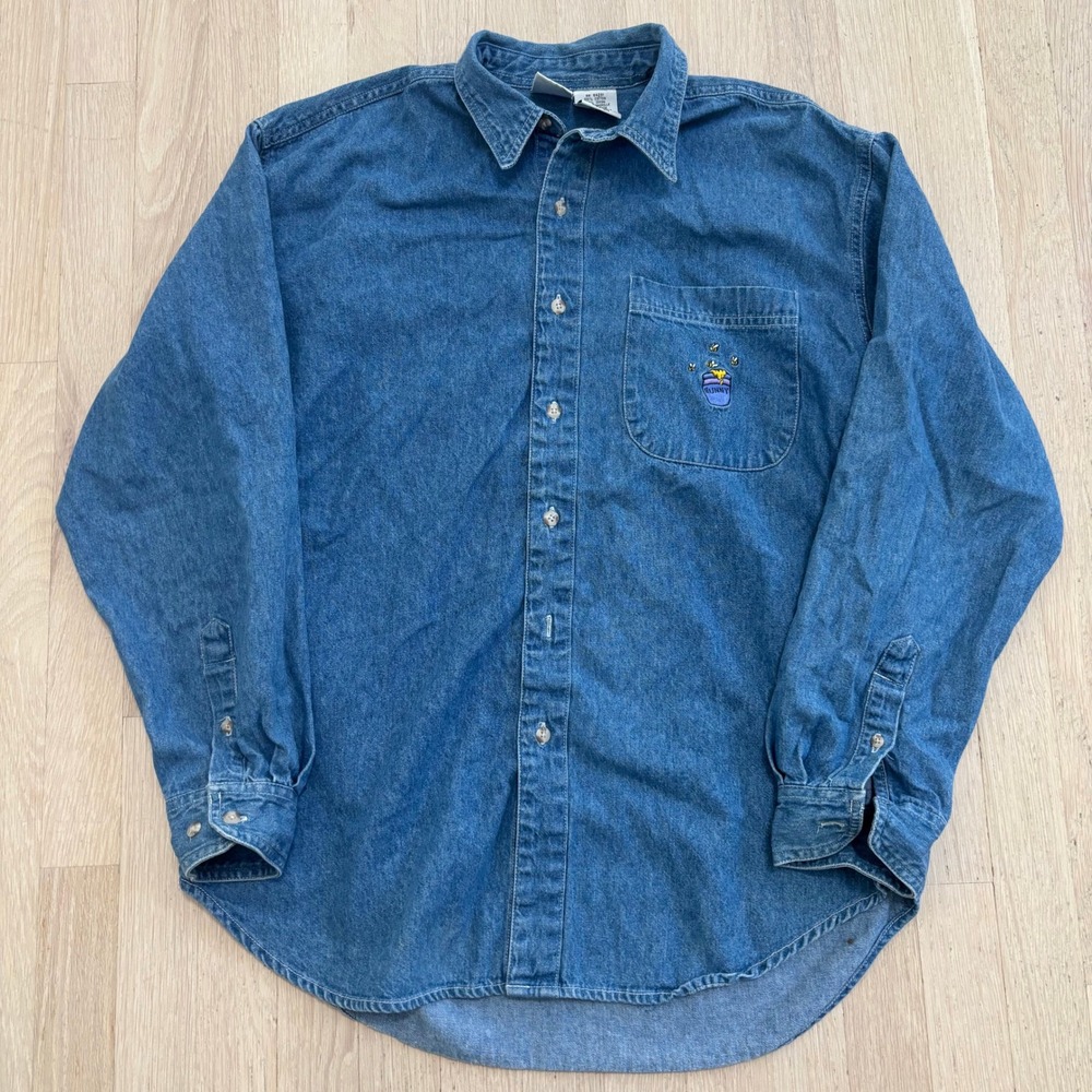 Disney Store Winnie the Pooh Denim Shirt Medium Blue Used Embroidered Back